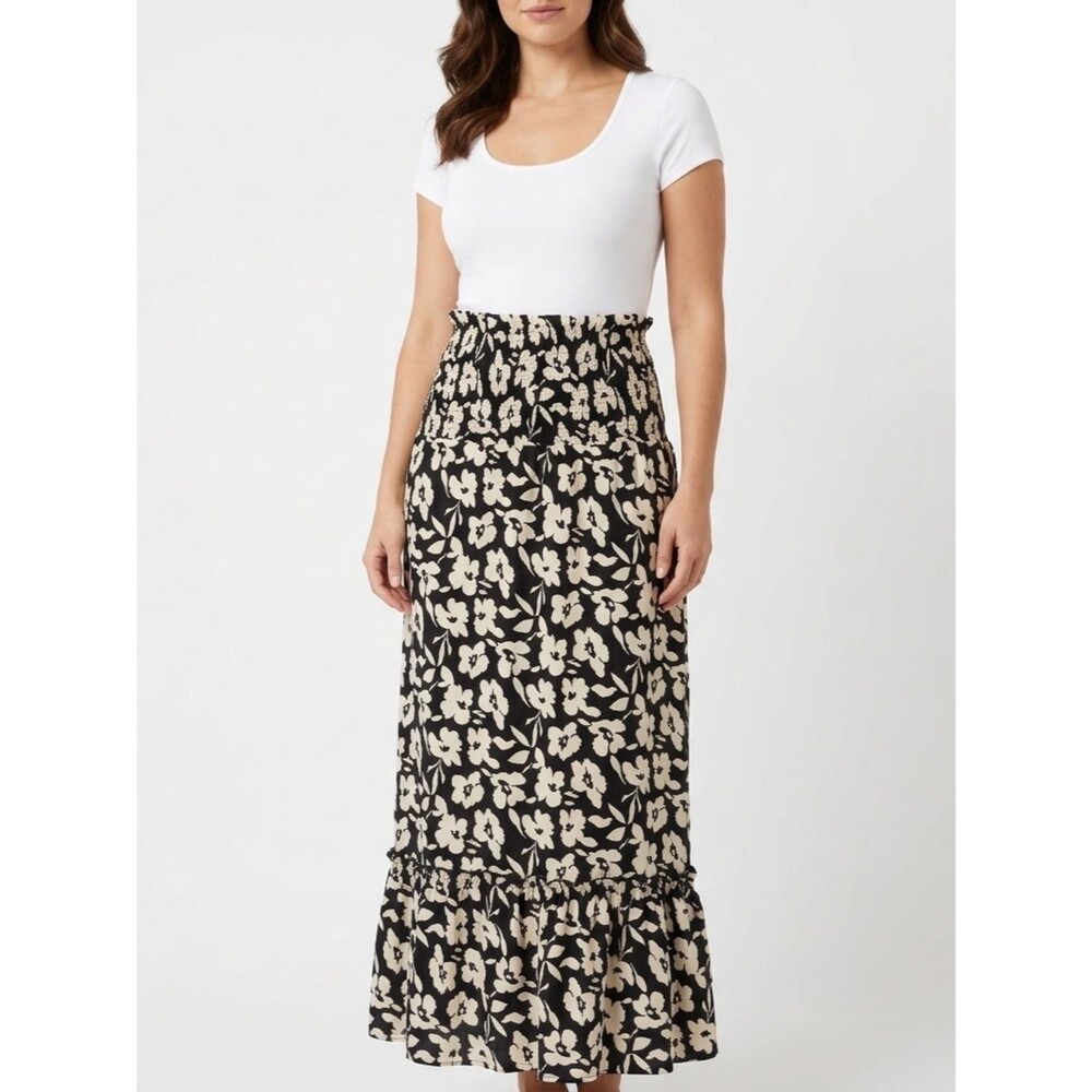 NWT Udel New York Smocked Black Floral Maxi Skirt Size XS